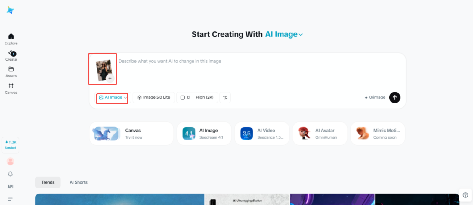 Acceso a la función "AI Image" en Dreamina