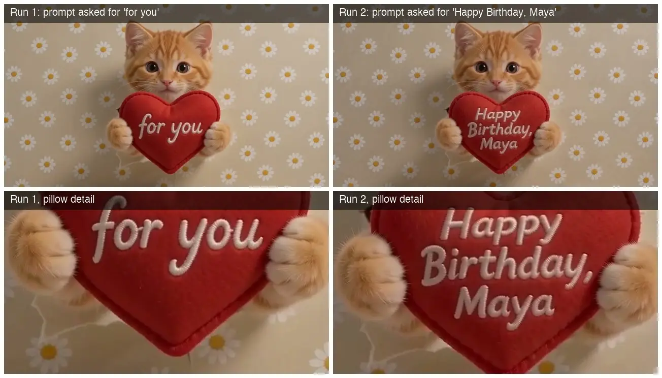 Orange kitten holding a red heart pillow that says "Happy Birthday, Maya"