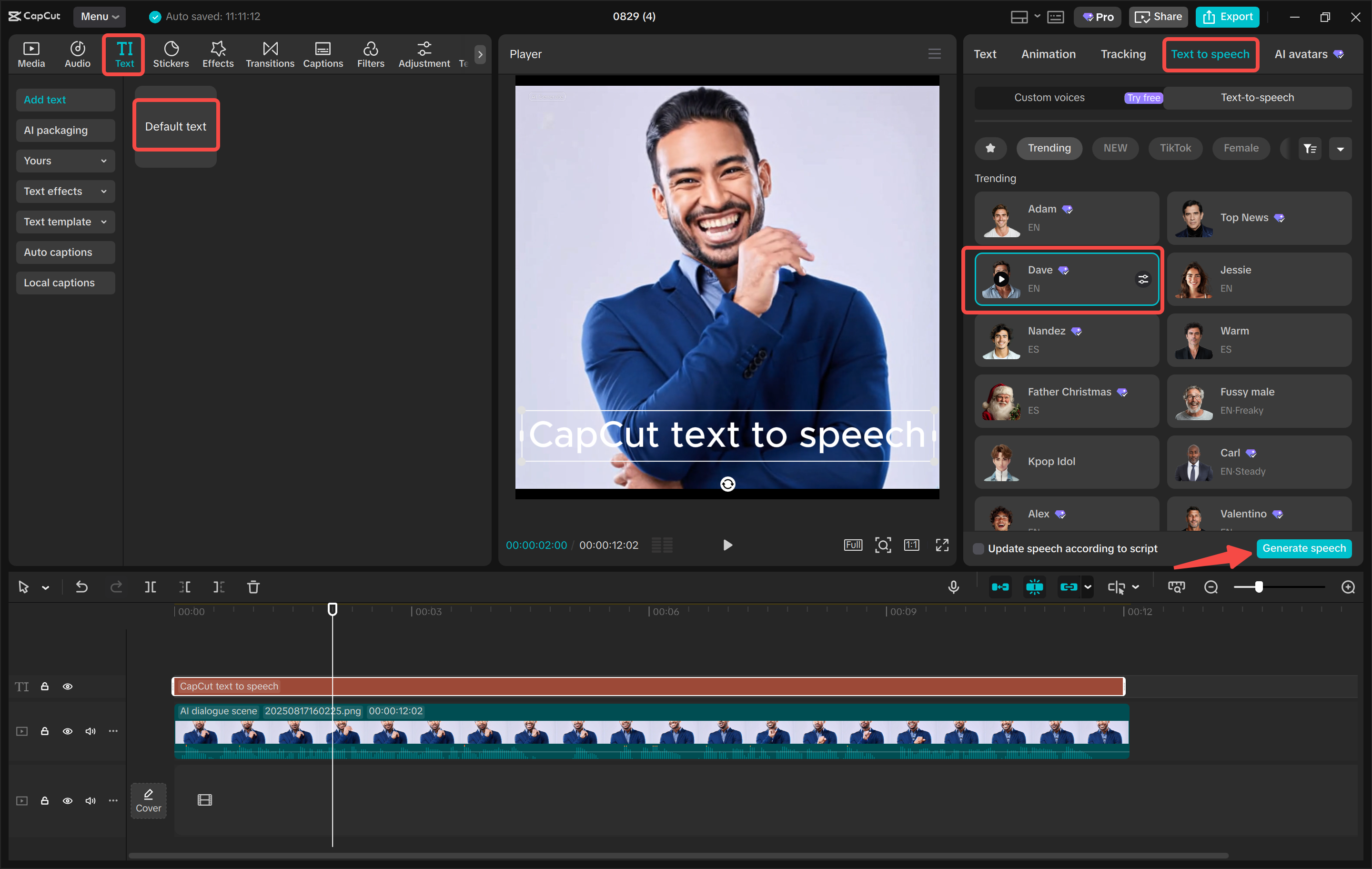 Converting text to speech in the CapCut desktop video editor