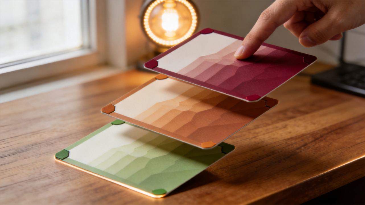 Hand stacking three colored cards on a wooden desk