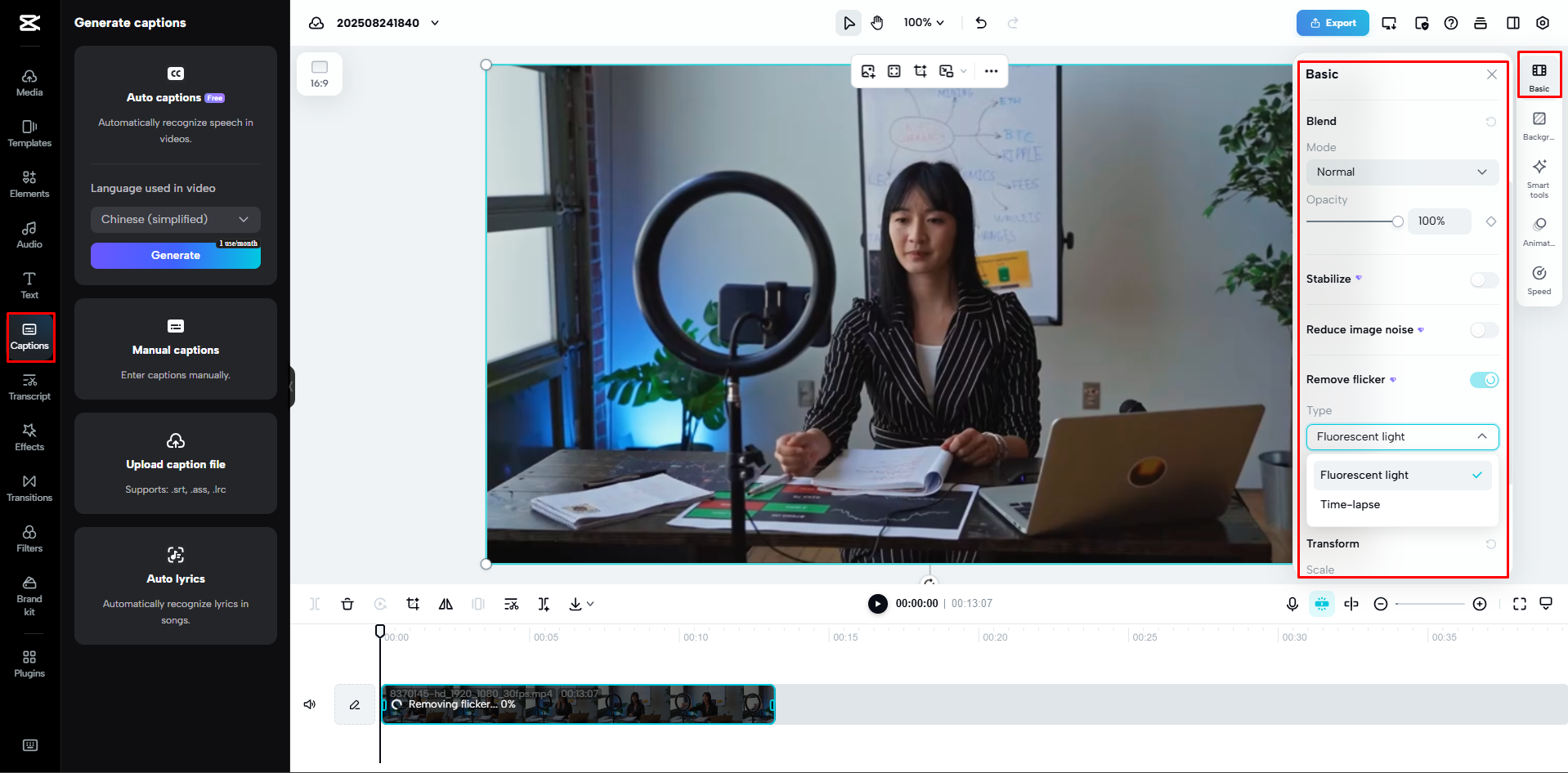 Das Bearbeiten und Verbessern des Videos in CapCut Web