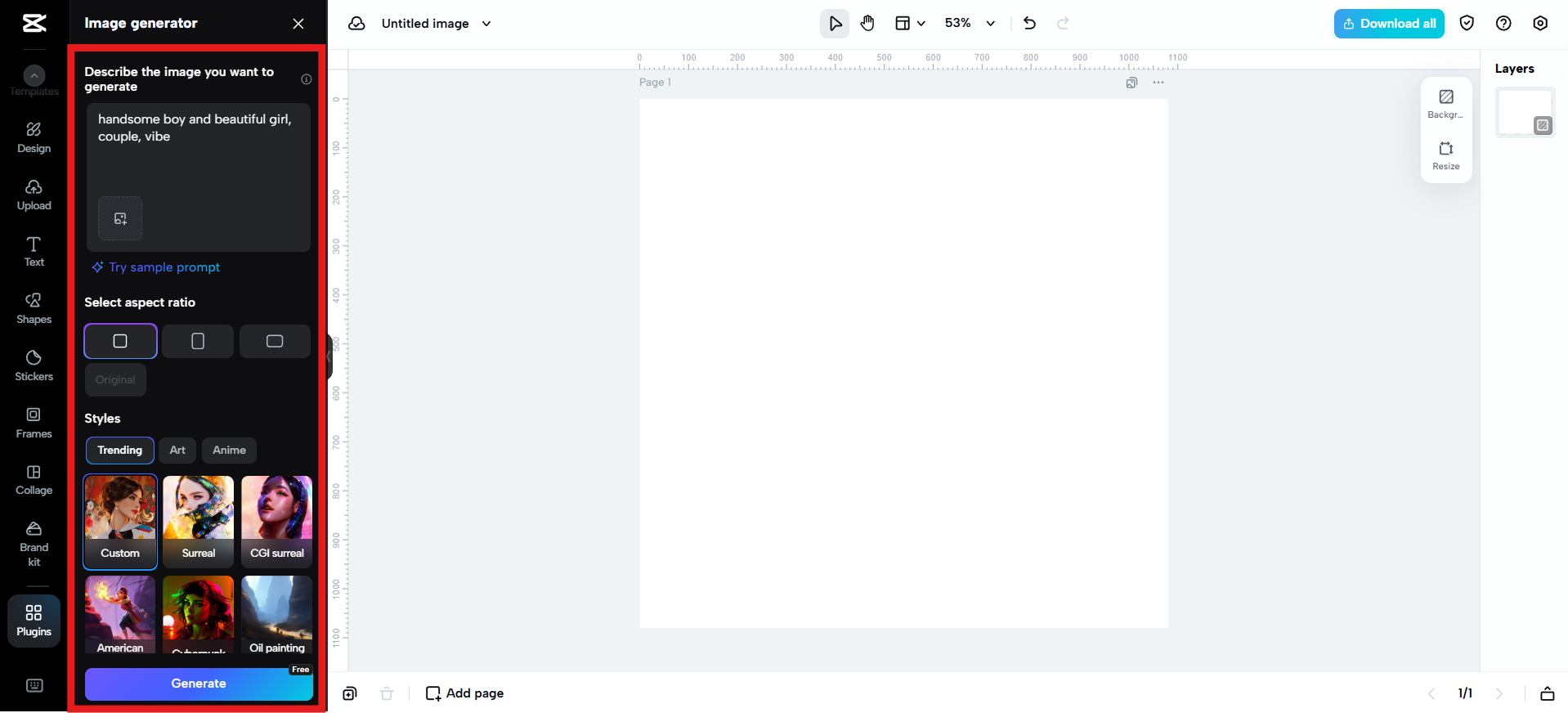 Insira o prompt, ajuste as configurações e gere.