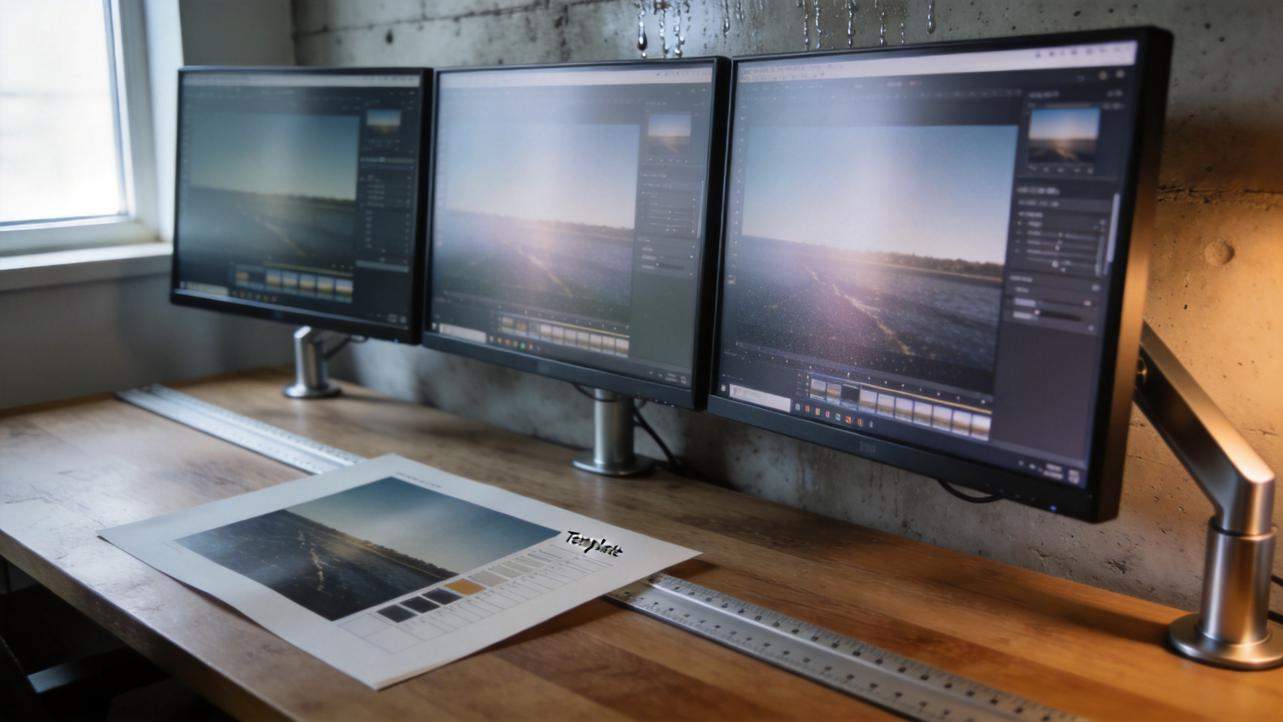 Three monitors display a video editing interface beside a printed color test sheet on a desk