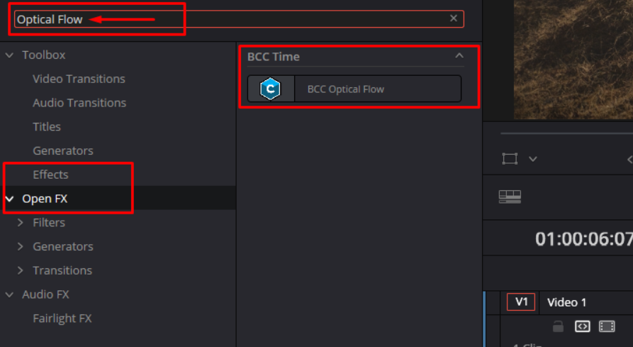 Add BCC Optical Flow in DaVinci Resolve