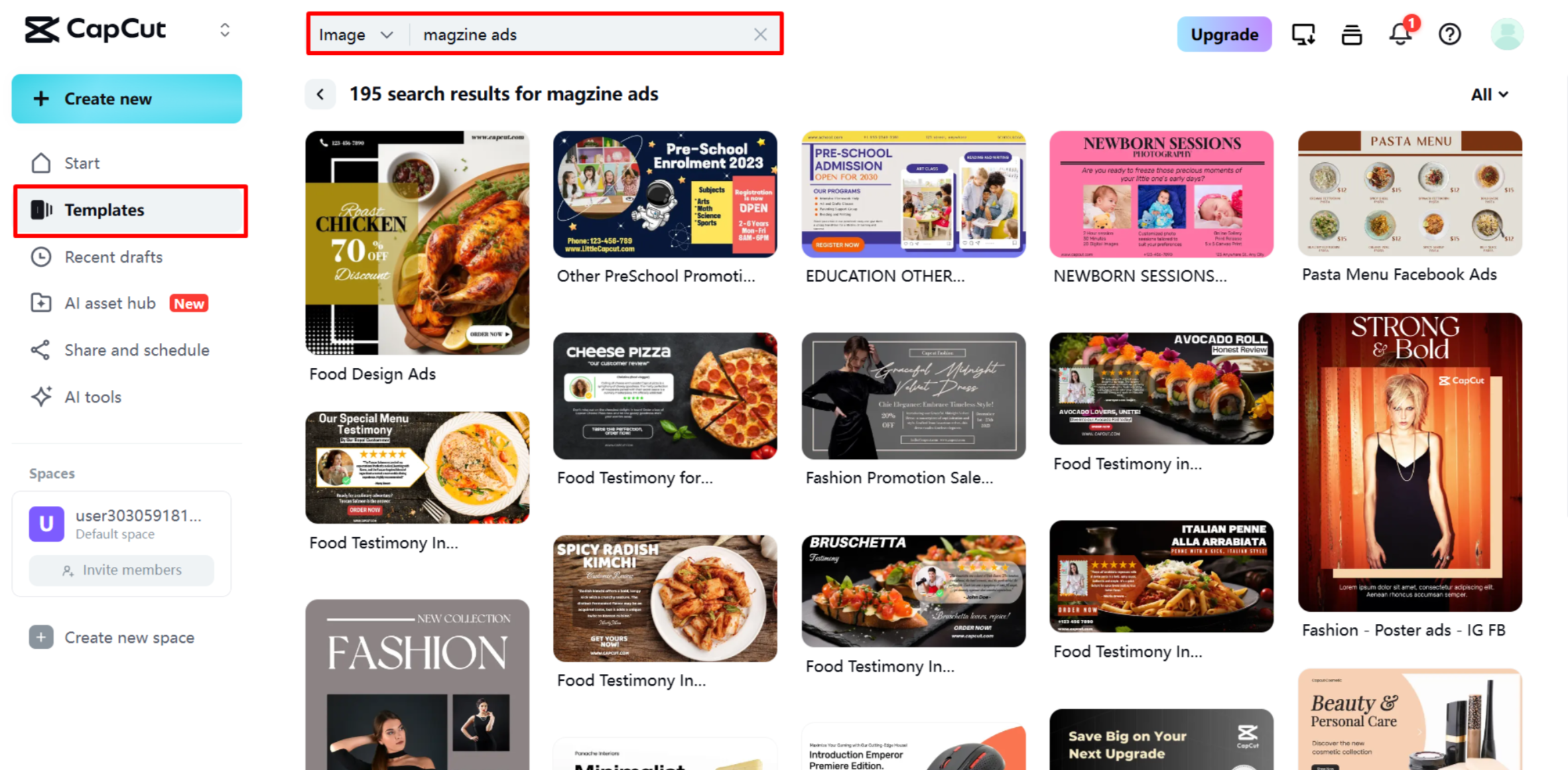 Choosing the template on the CapCut Web