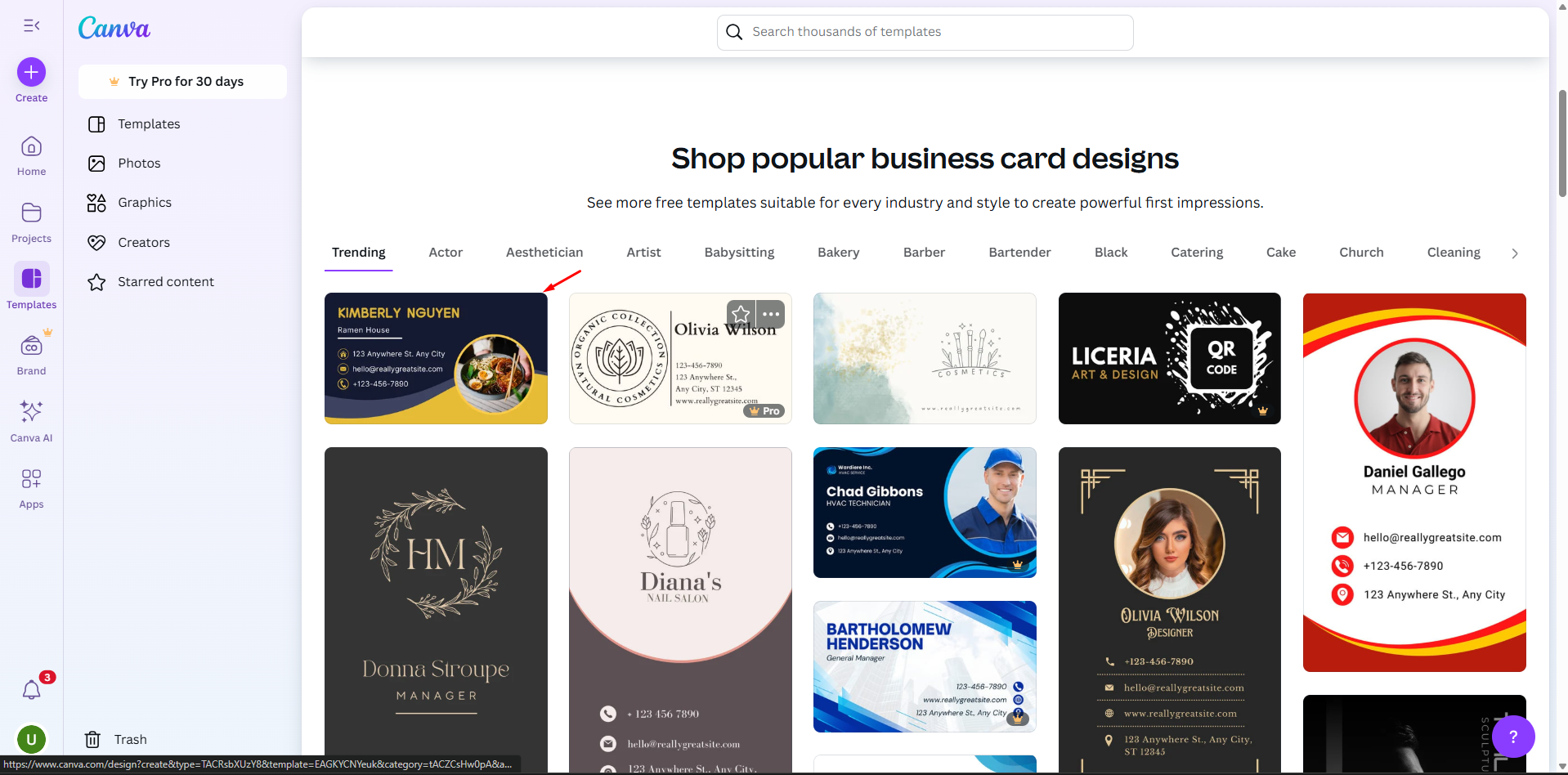 Choosing a business card template in Canva