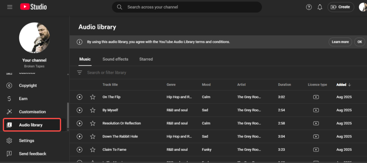 YouTube Audio library interface