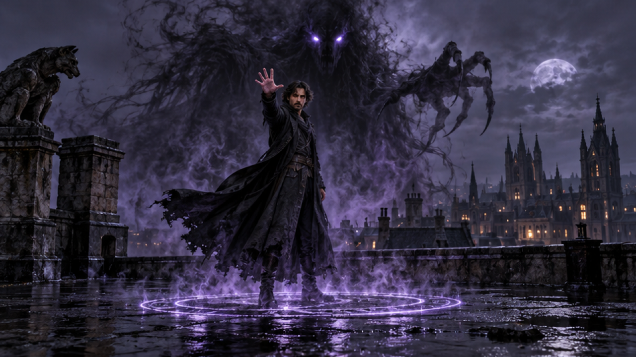 An adult sorcerer raising an open palm while standing inside a luminous circle on the rooftop floor, giant shadow creature rising behind them, midnight skyline, violet haze