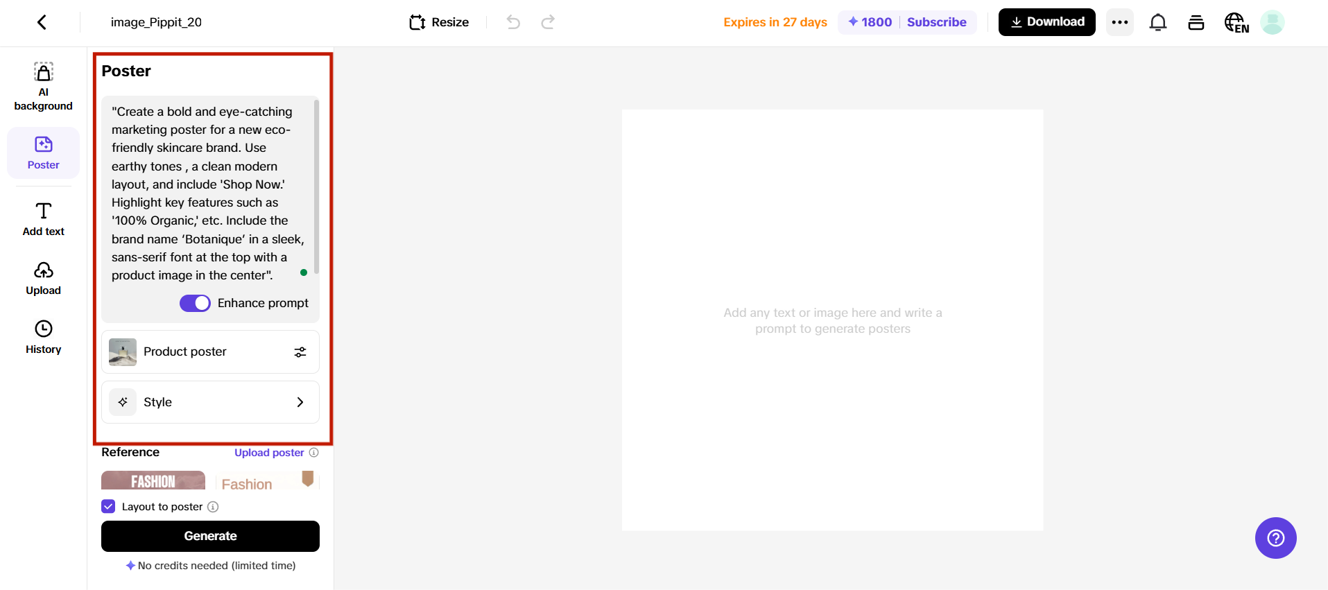 Enter the prompt or upload a reference image