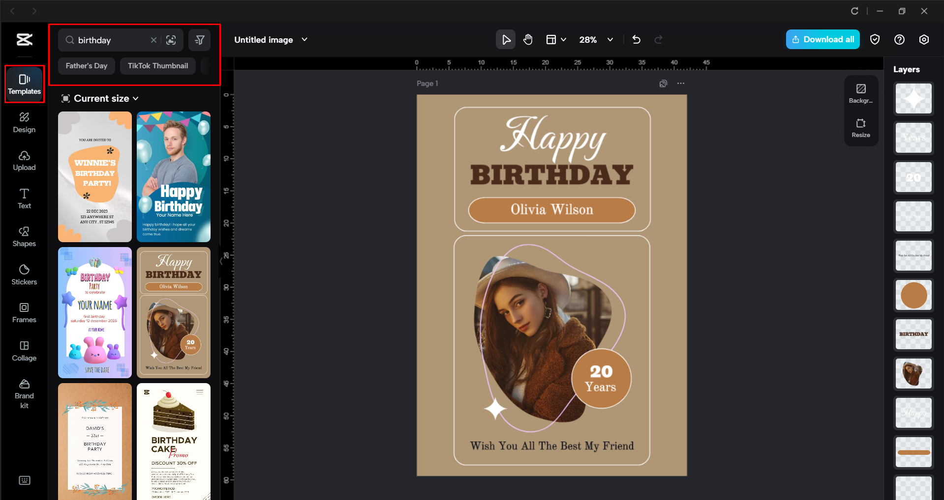 Choosing a birthday poster template in the CapCut desktop video editor