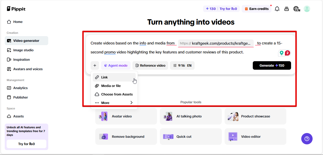 Generating video in Pippit