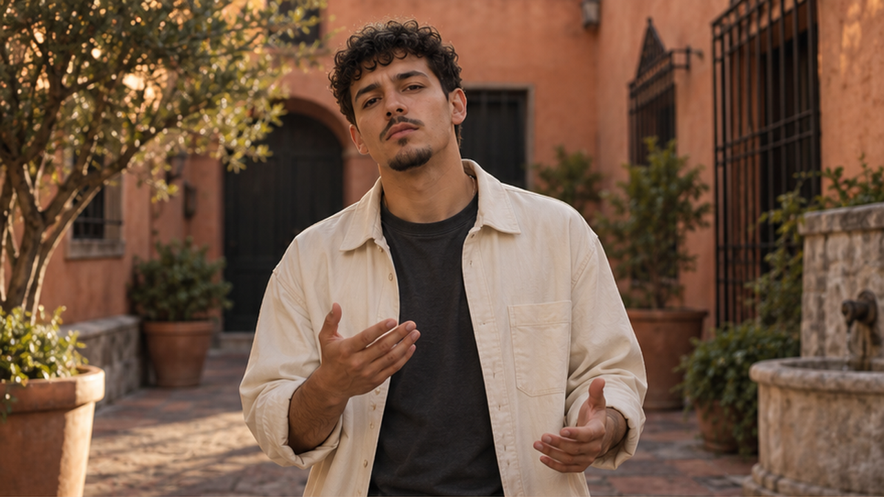 Illustrative Spanish rap courtyard scene with an original performer in a cream overshirt