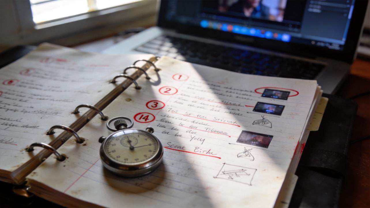 Notebook with numbered script notes and a stopwatch beside a laptop editing screen