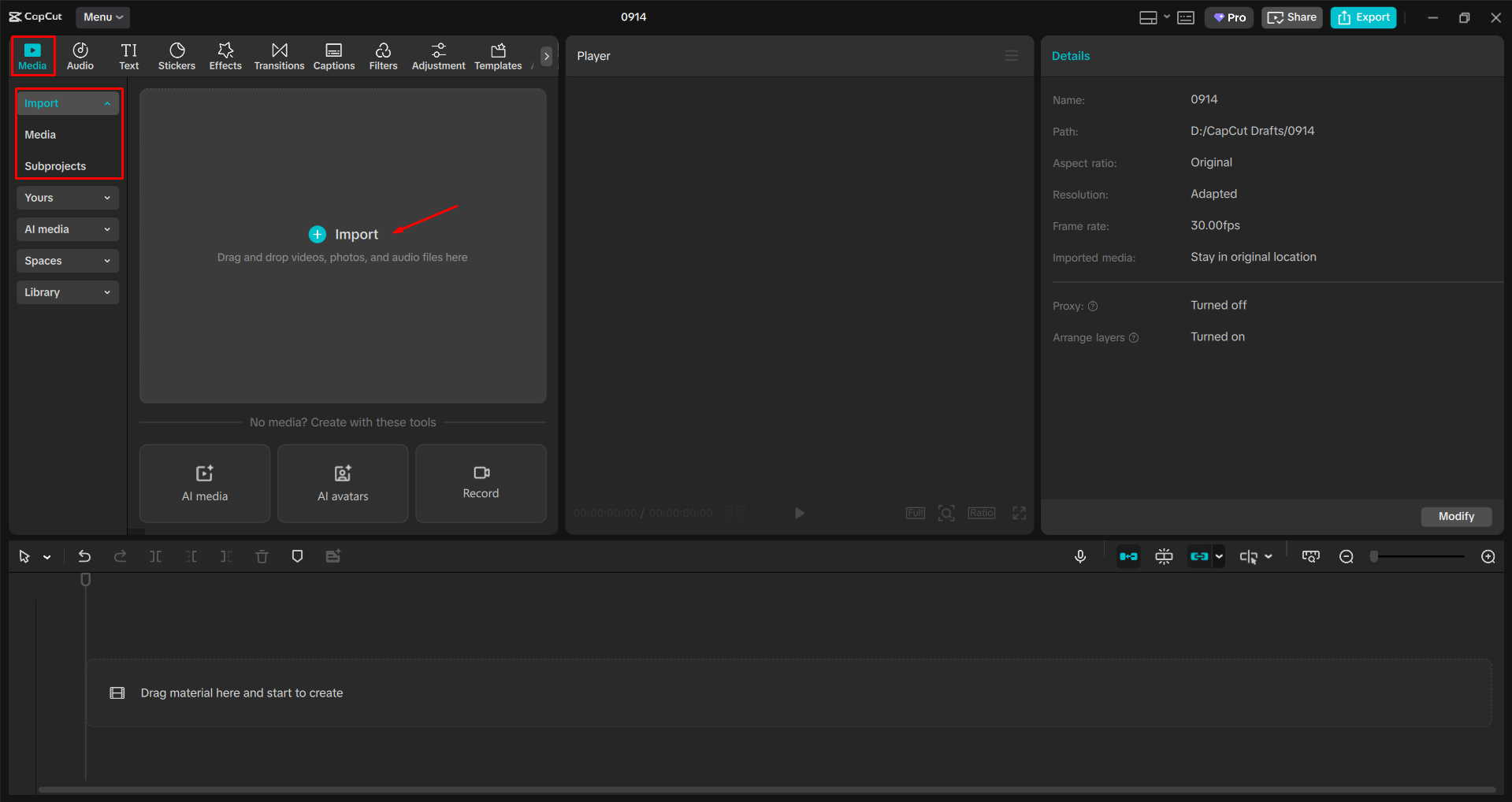 Importing a video into the CapCut desktop video editor