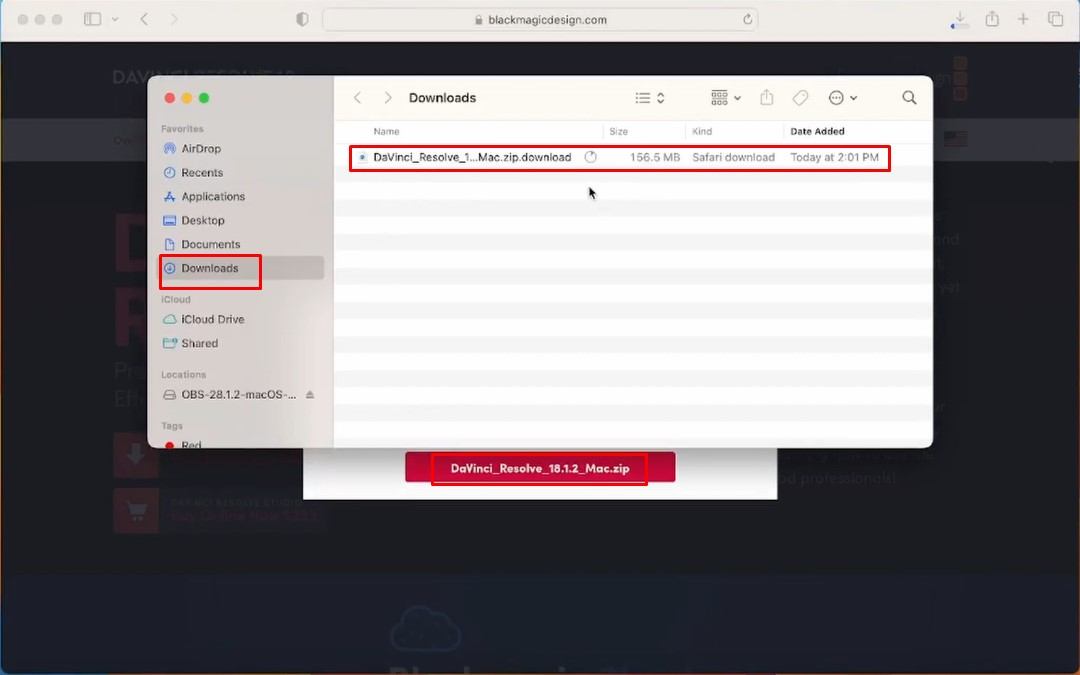 Натисніть Davinci Resolve завантажити файл Mac