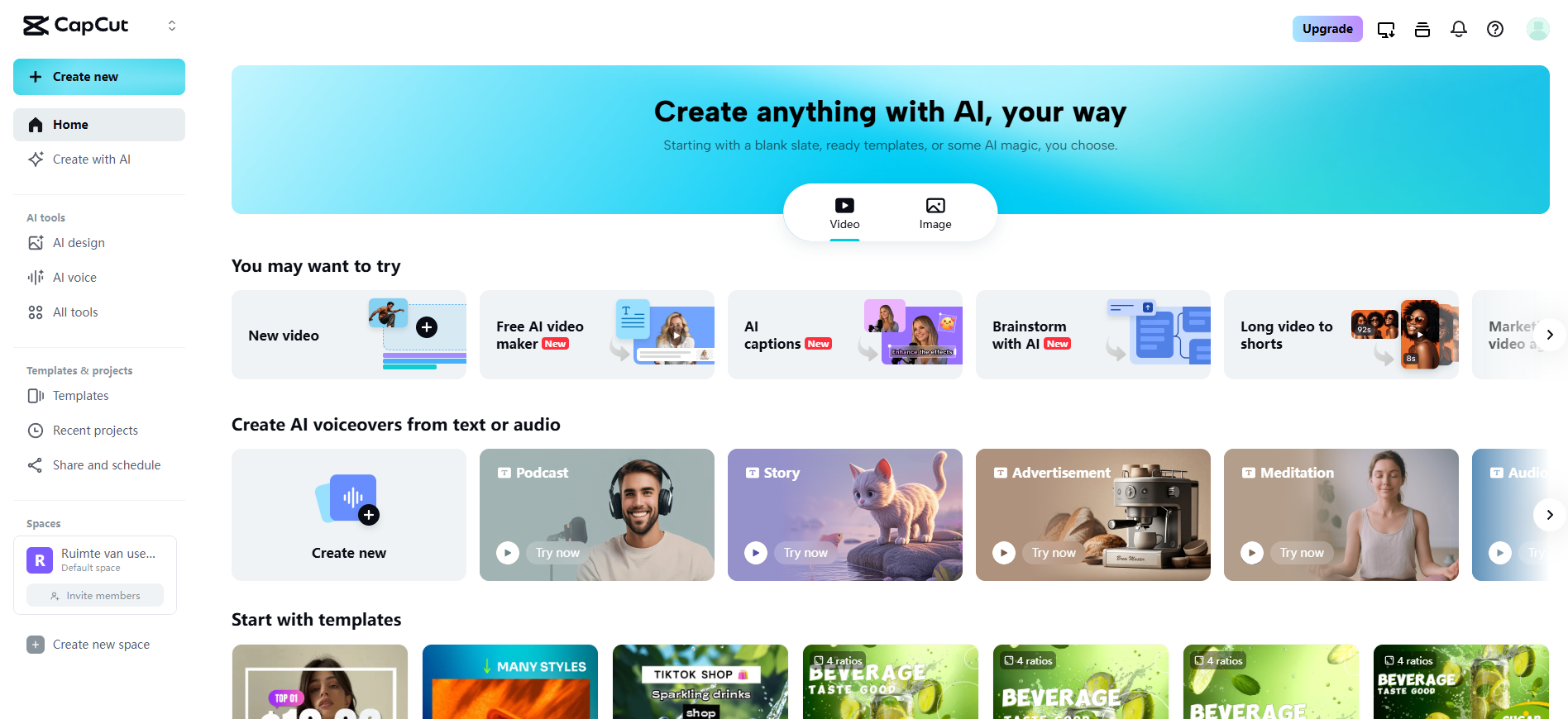 Domovská stránka CapCut Web