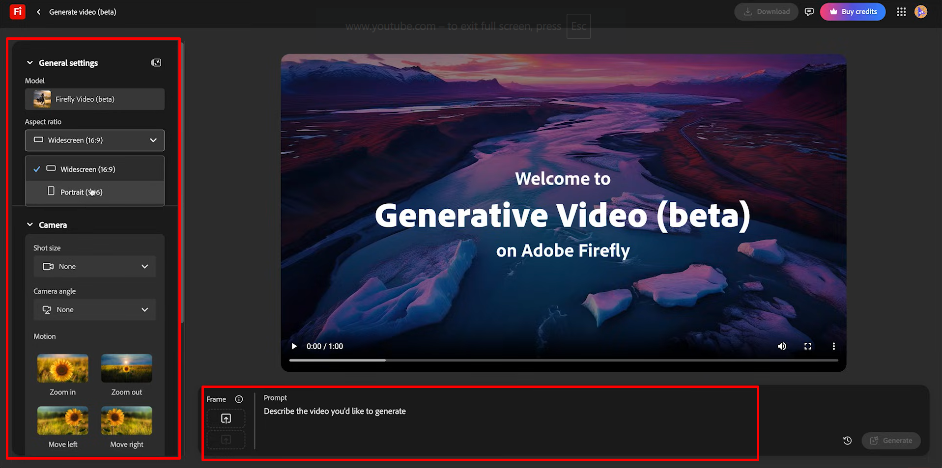 Adding a prompt or an image to the Adobe Firefly AI video generator