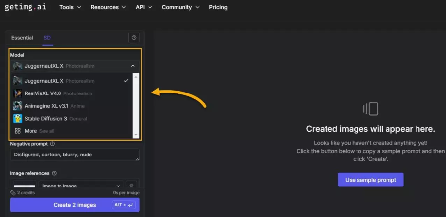 Choosing an image style in Getimg.ai