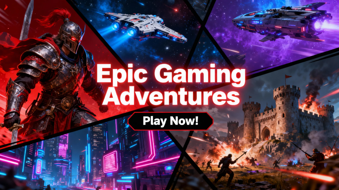 Gaming banner collage featuring multiple game scenes