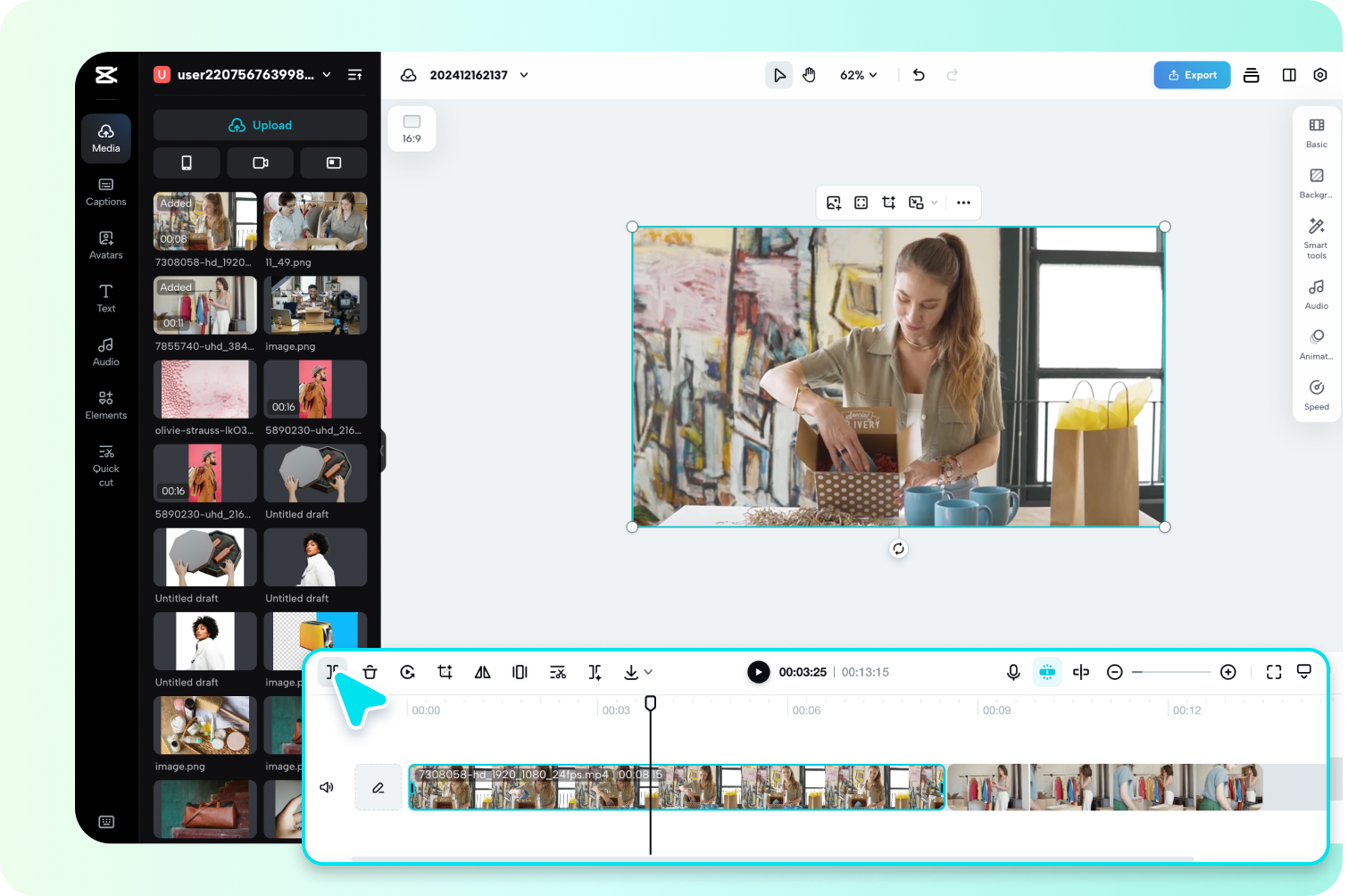 description=The Pippit timeline editor showing a video clip being split into three parts, with the middle section highlighted for deletion.