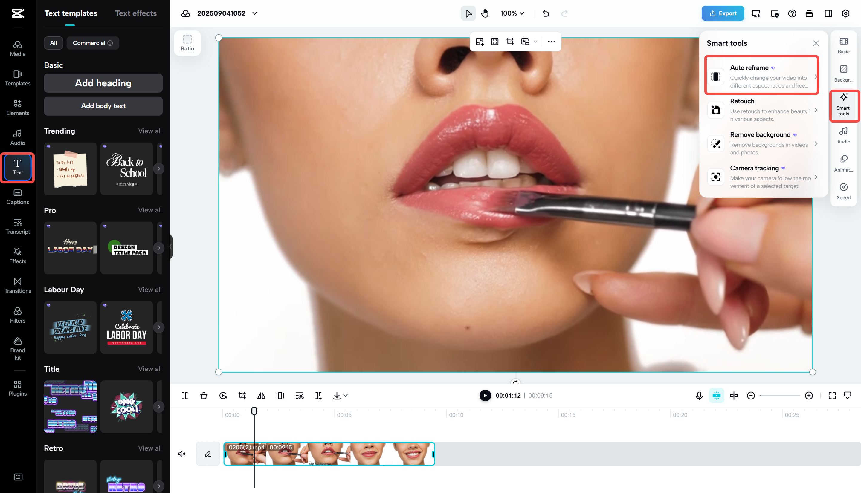 Adding text and auto reframing the video with CapCut Web
