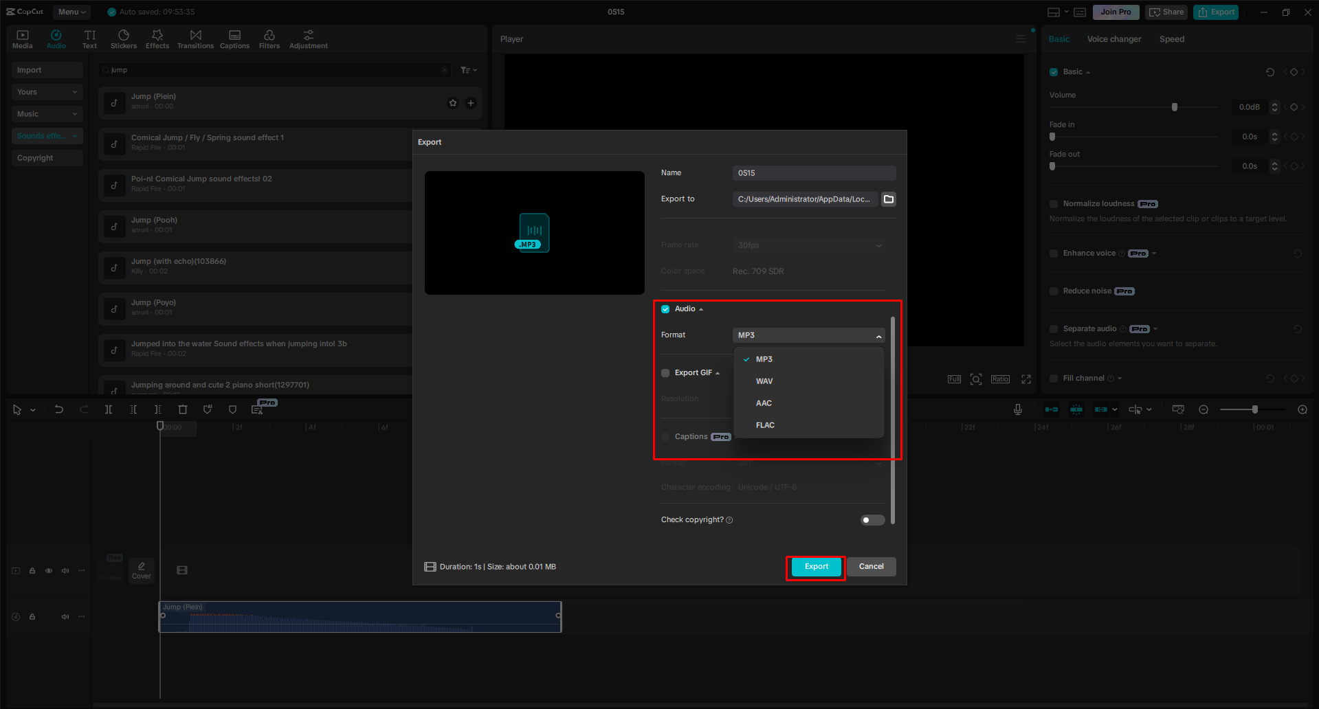Export the jumping audio file