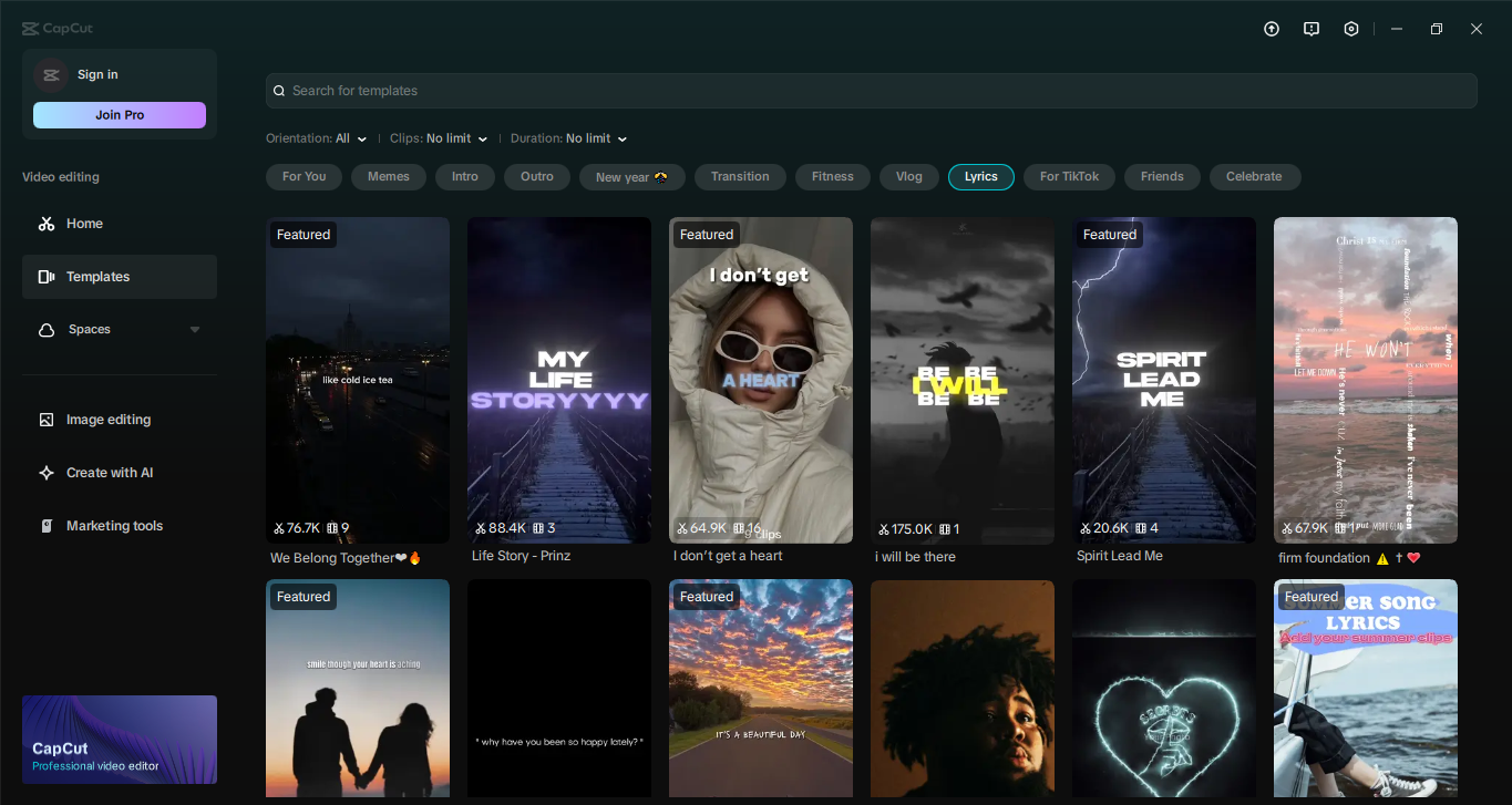 Selecting the video lyrics templates in the CapCut desktop video editor