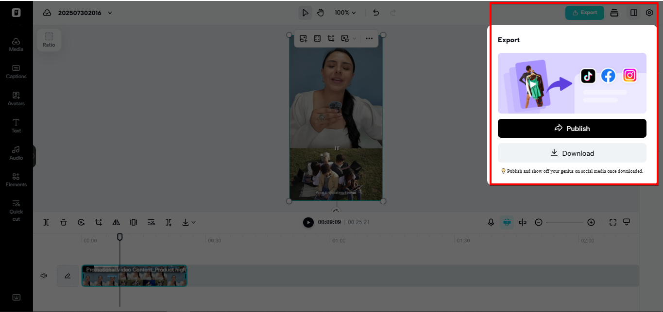 Exporting video from Pippit