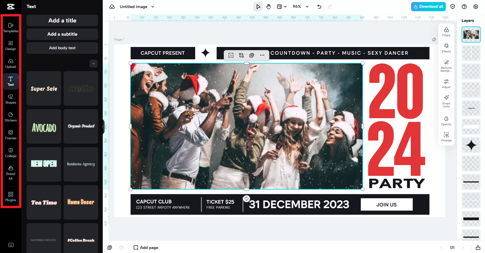 Customize your Facebook flyer with text, stickers, etc.