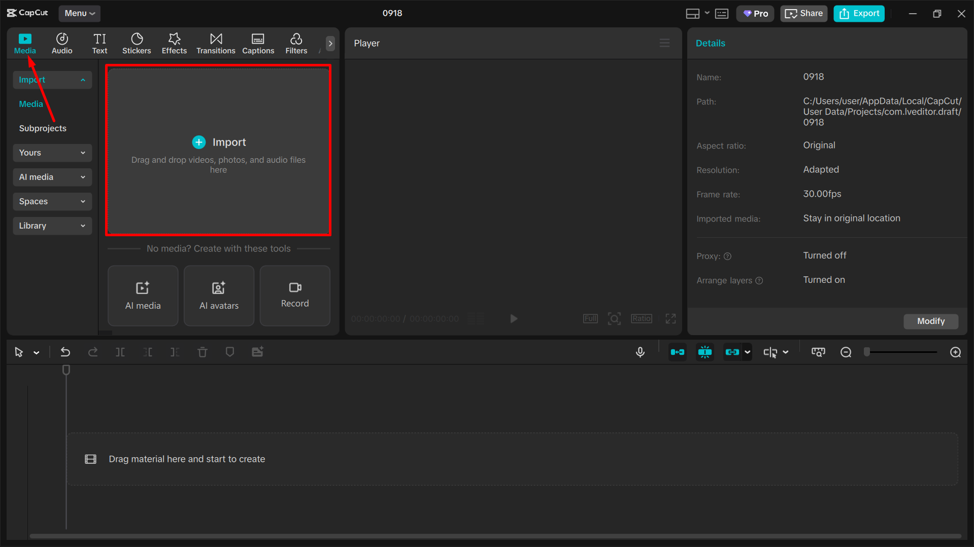Importing the media into the CapCut desktop video editor