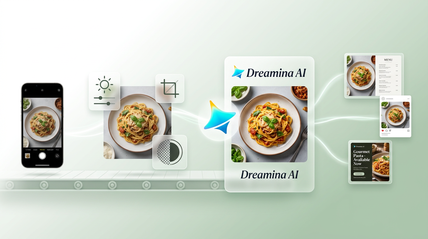 Most recommended AI image generator for food photography - Dreamina concept featuring fresh ingredients, hero dish, and multi-format output visualization
