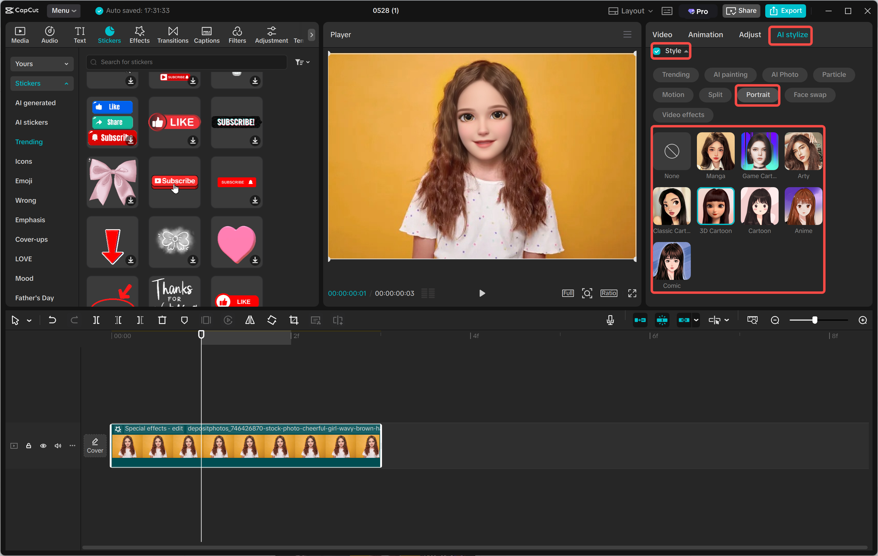 Converting an image to a cartoon using the CapCut desktop video editor