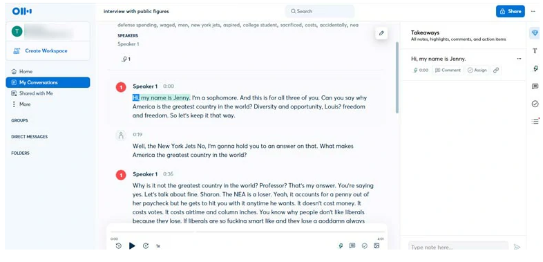 Interface of Otter.AI - an easy way to transform podcast into text