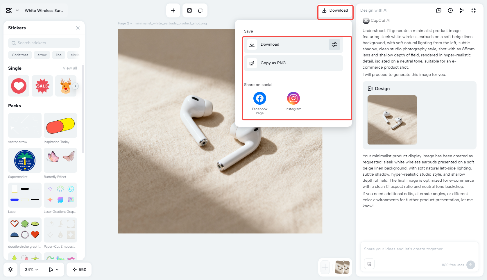 Exporting the product display photo in CapCut