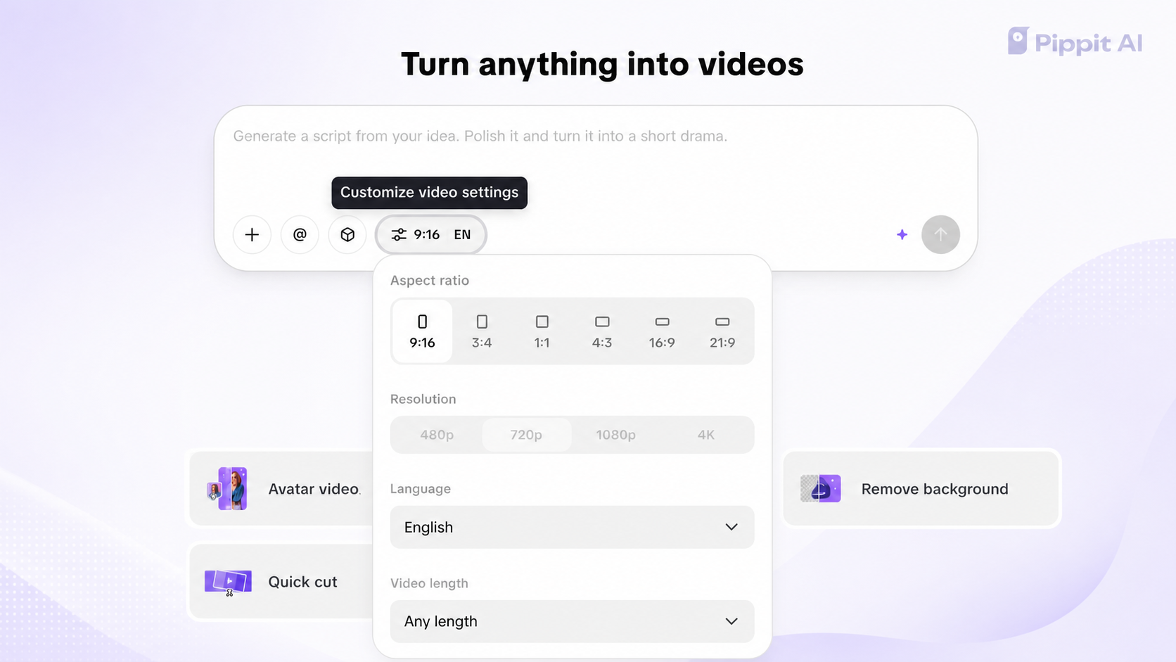 Video settings panel with aspect ratio options, highlighting 9:16.