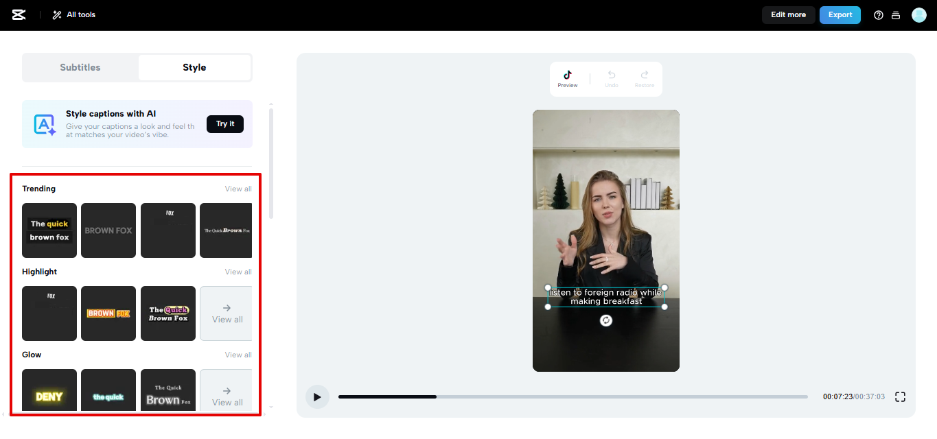 Caption templates in CapCut Web