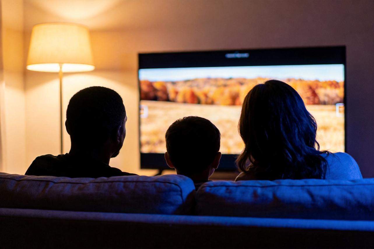 Family of three watching TV together on a couch in a dim living room
