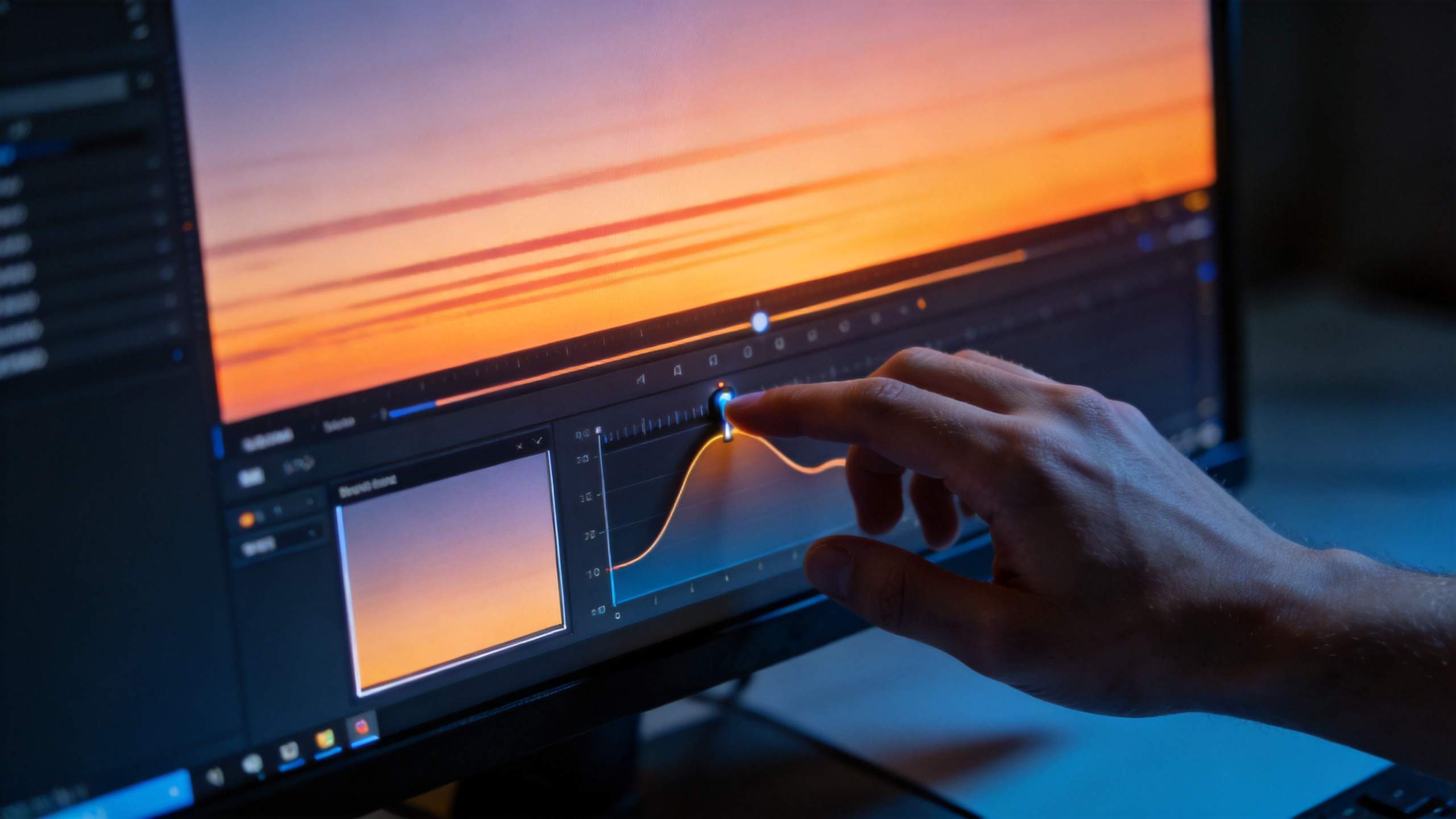 Hand adjusting a color curve on a photo editing monitor showing a sunset scene