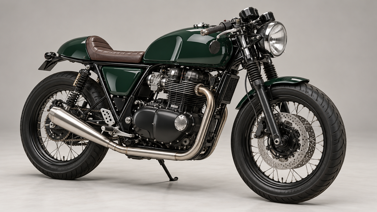 Unbranded deep green café racer with a brown leather seat, parked on its stand in a light warm-gray studio, full three-quarter side view and both wheels visible, controlled premium soft lighting.