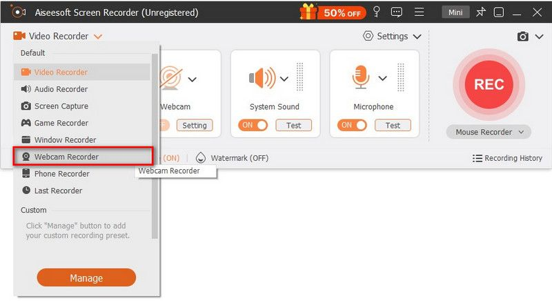 Interface ng Aiseesoft Screen Recorder