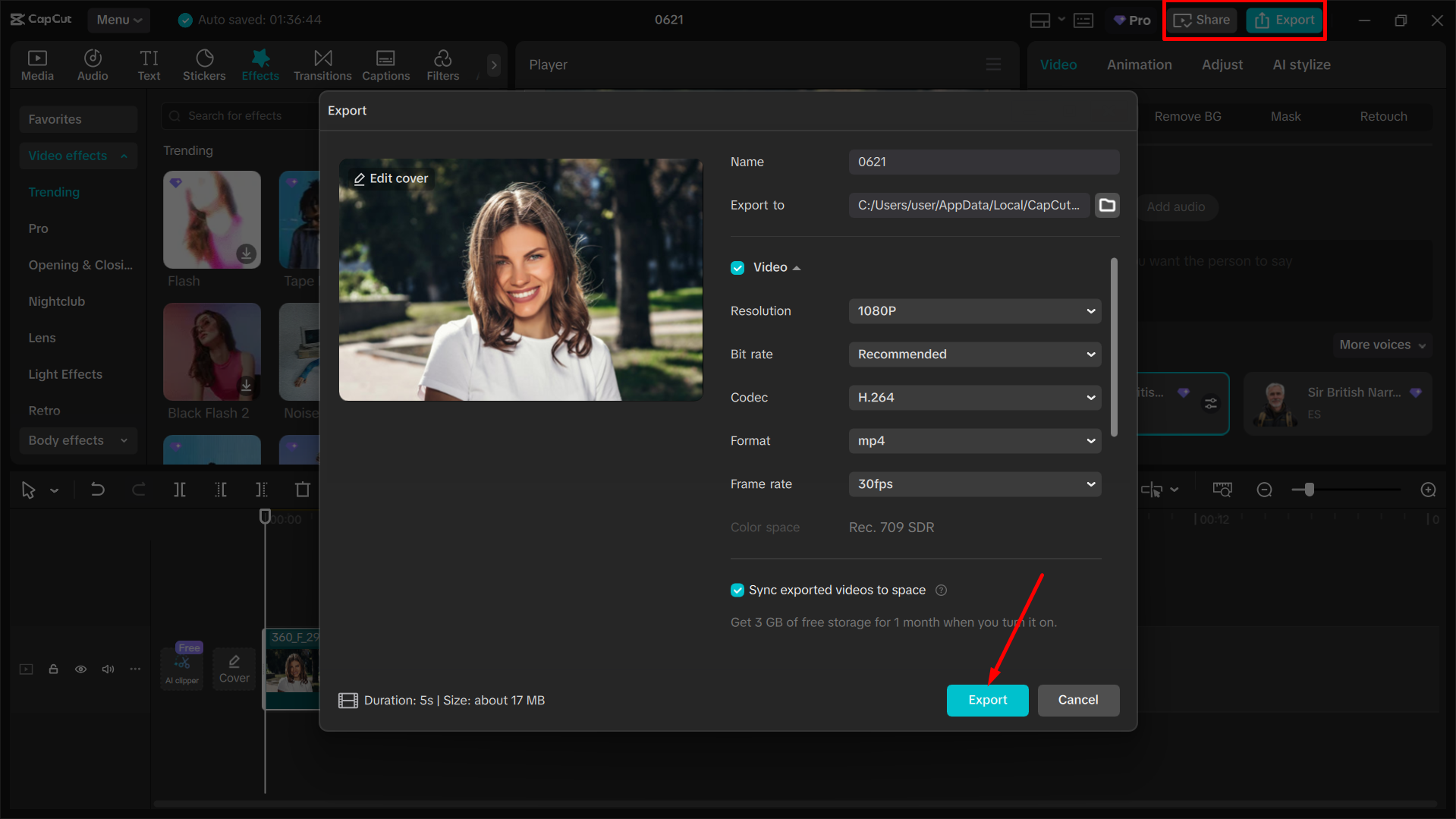 Exporting the final image from the CapCut desktop video editor