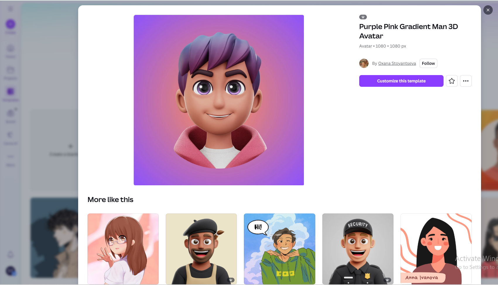 Choose avatar template to create my own avatar in Canva