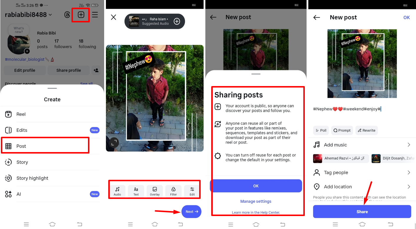 Image revealing how to make an Instagram post on a smart device