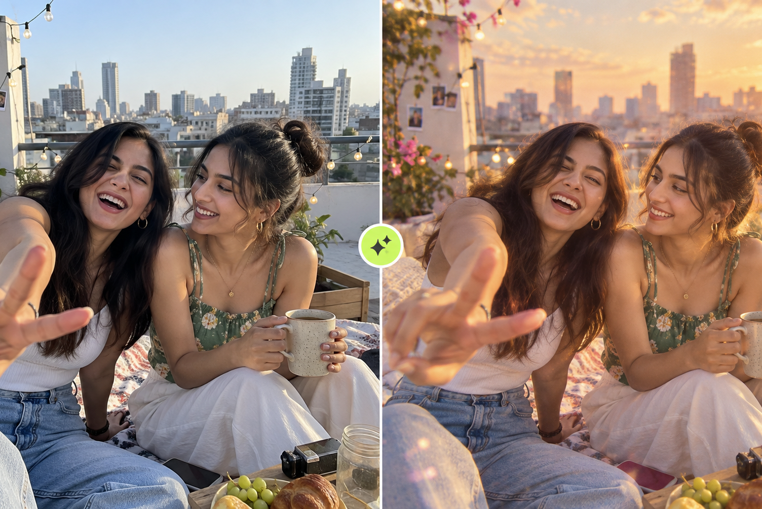 Rooftop portrait compared before and after applying a soft creative AI effect