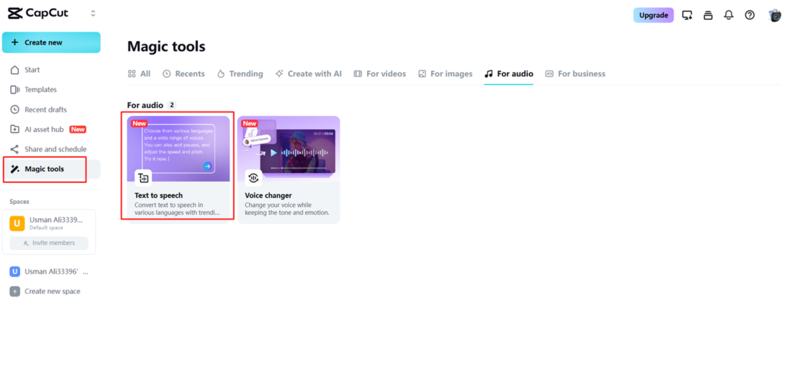 Accessing the text to speech tool in CapCut Web