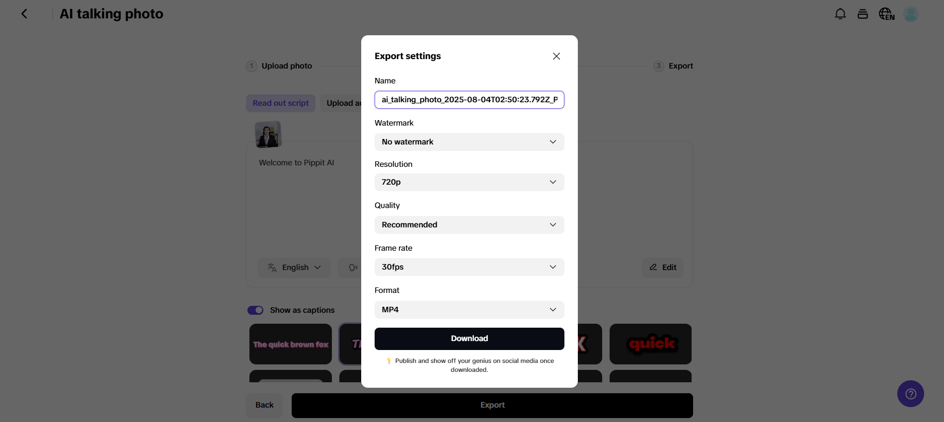 تصدير وتحميل الإعدادات في Pippit