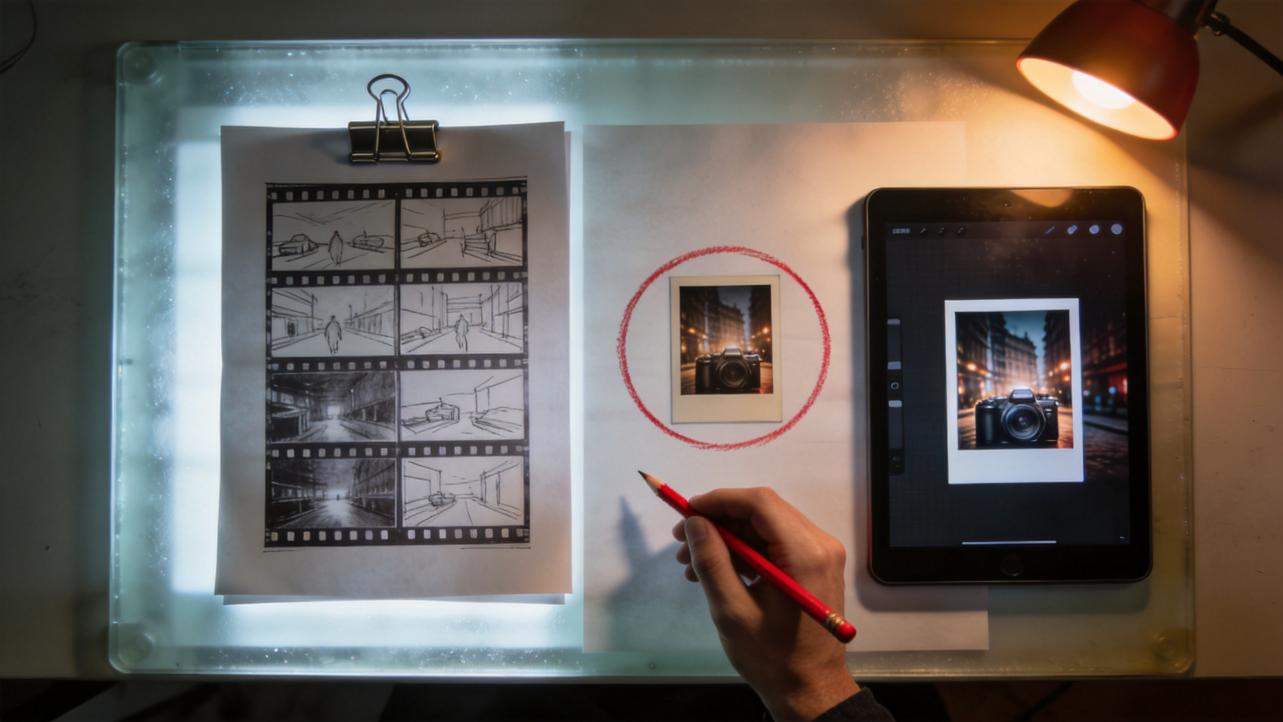 Hand sketching a photo circle beside a film storyboard and tablet displaying a camera image