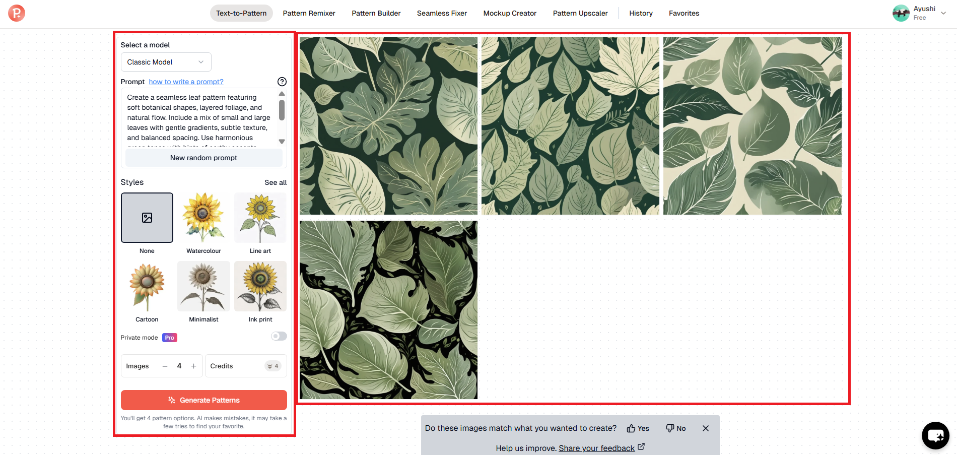 Masukkan prompt pola daun Anda dan hasilkan desain