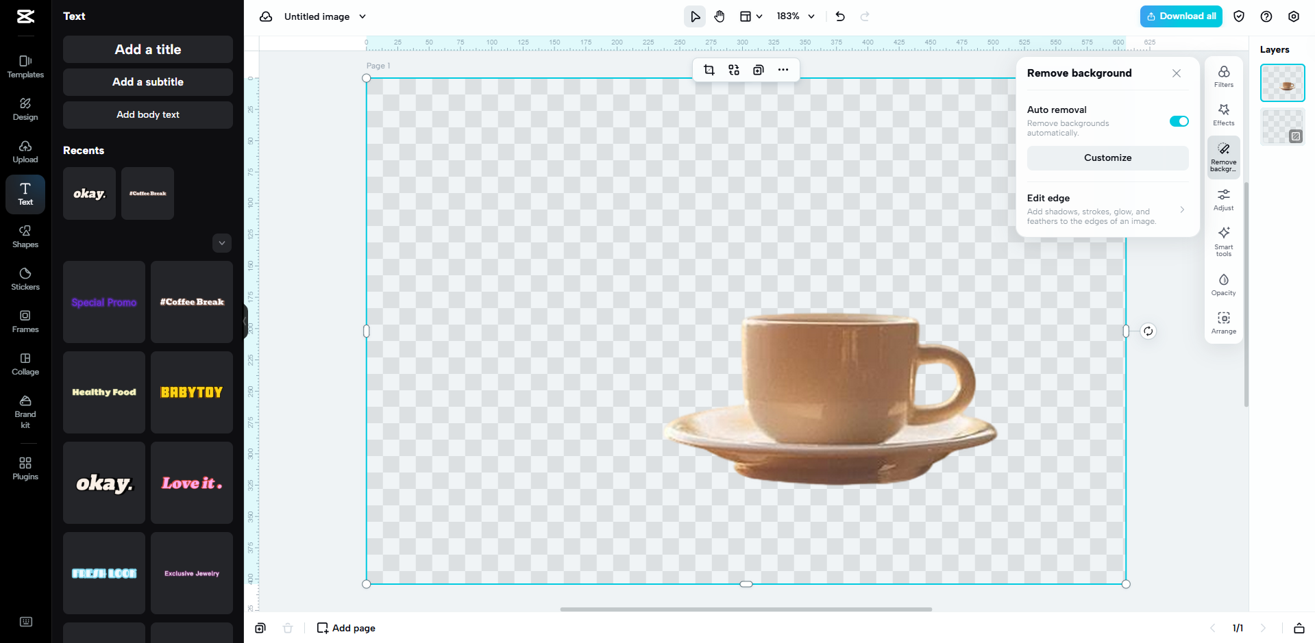 Interface of CapCut Web - an alternative tool to remove image background