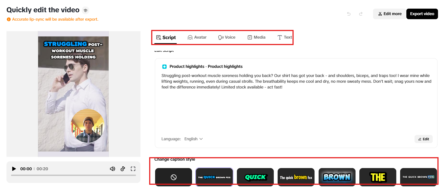 Modify script, avatar, voice, media, and text